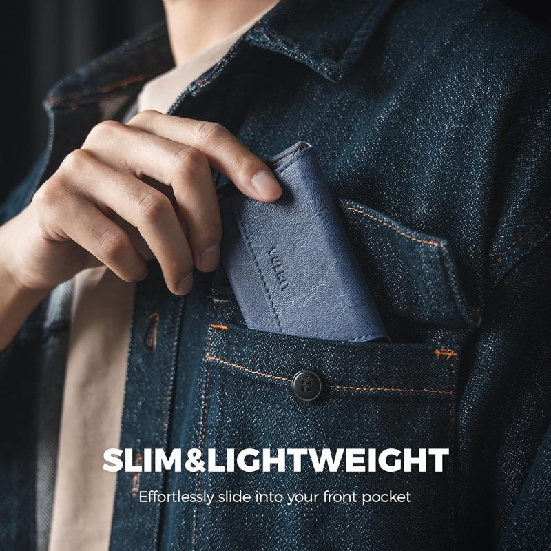 VULKIT حافظة بطاقات العمل الجلدية للرجال، محفظة بطاقات عمل نحيفة، حافظة بطاقات الاسم، تحمل 20 بطاقة عمل، لون أزرق - Image 3